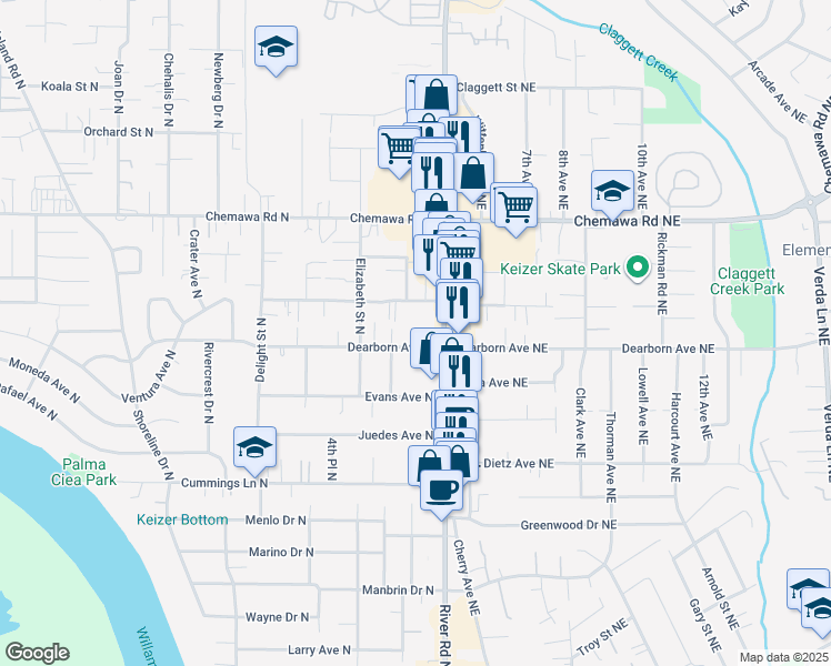 map of restaurants, bars, coffee shops, grocery stores, and more near 165 Dearborn Avenue North in Keizer