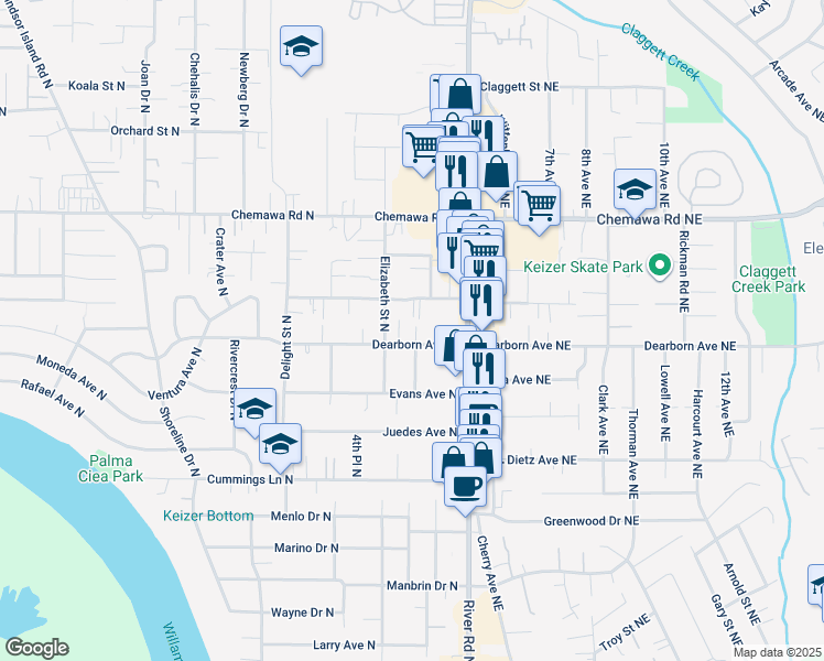 map of restaurants, bars, coffee shops, grocery stores, and more near 234 Churchdale Avenue North in Keizer