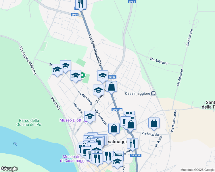 map of restaurants, bars, coffee shops, grocery stores, and more near Strada Statale 343 in Casalmaggiore