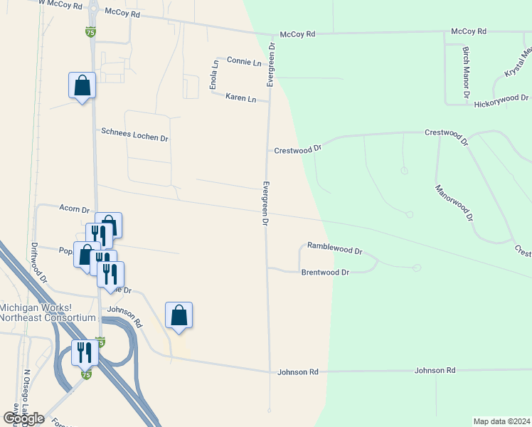 map of restaurants, bars, coffee shops, grocery stores, and more near 2599 Evergreen Drive in Gaylord