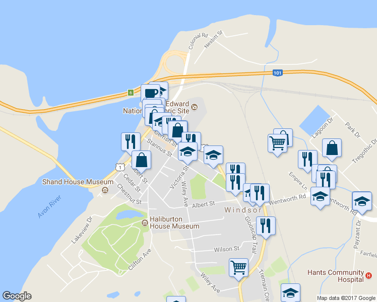 map of restaurants, bars, coffee shops, grocery stores, and more near 189 Gerrish Street in Windsor