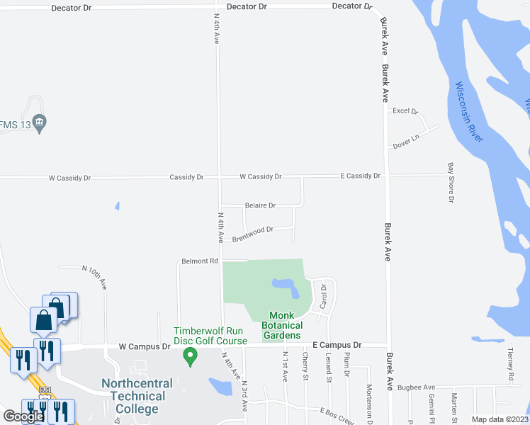 map of restaurants, bars, coffee shops, grocery stores, and more near 105 Belaire Drive in Wausau