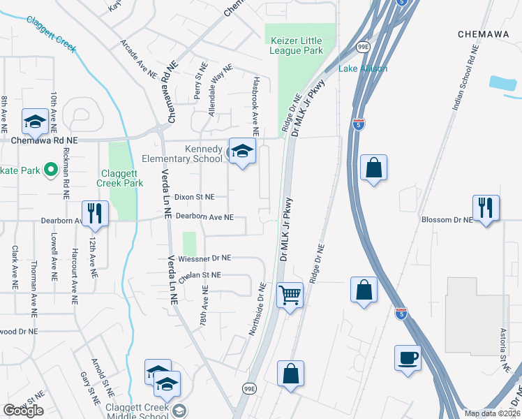map of restaurants, bars, coffee shops, grocery stores, and more near 4783 Joyce Street in Keizer