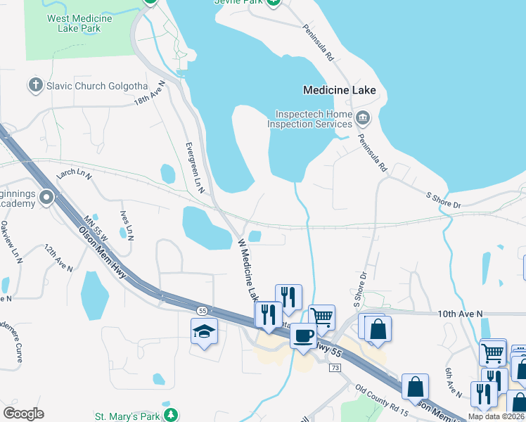 map of restaurants, bars, coffee shops, grocery stores, and more near 1300 West Medicine Lake Drive in Plymouth