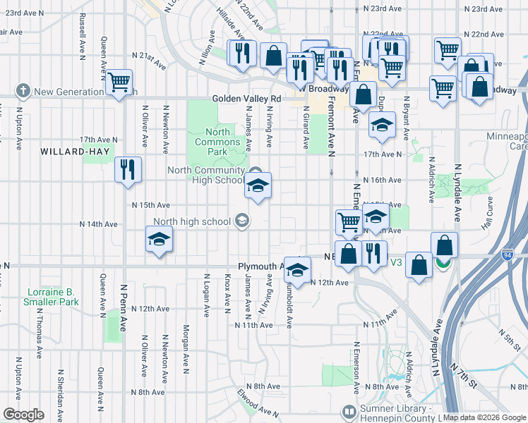 map of restaurants, bars, coffee shops, grocery stores, and more near 22 North Irving Avenue in Minneapolis