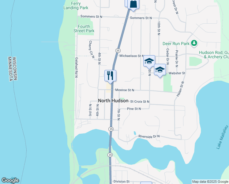 map of restaurants, bars, coffee shops, grocery stores, and more near 410 6th Street North in Hudson
