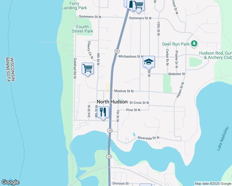 map of restaurants, bars, coffee shops, grocery stores, and more near 410 6th Street North in Hudson