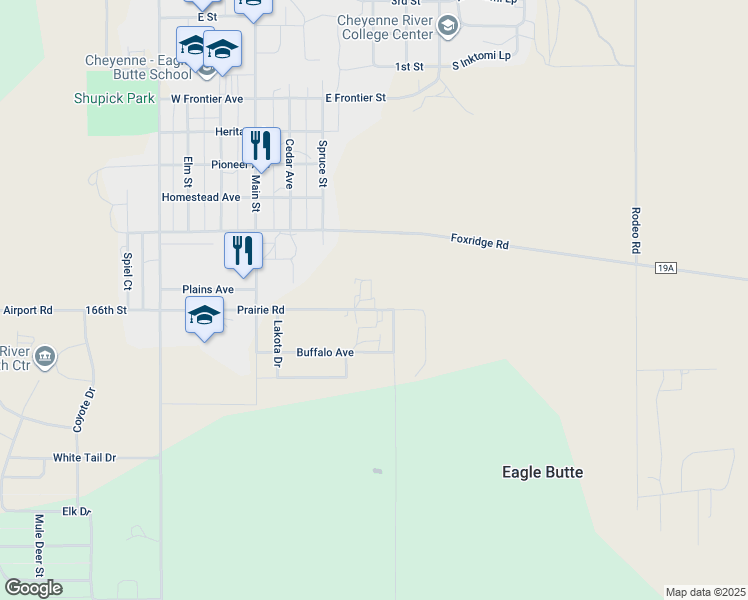 map of restaurants, bars, coffee shops, grocery stores, and more near 322 Prairie Road in Eagle Butte