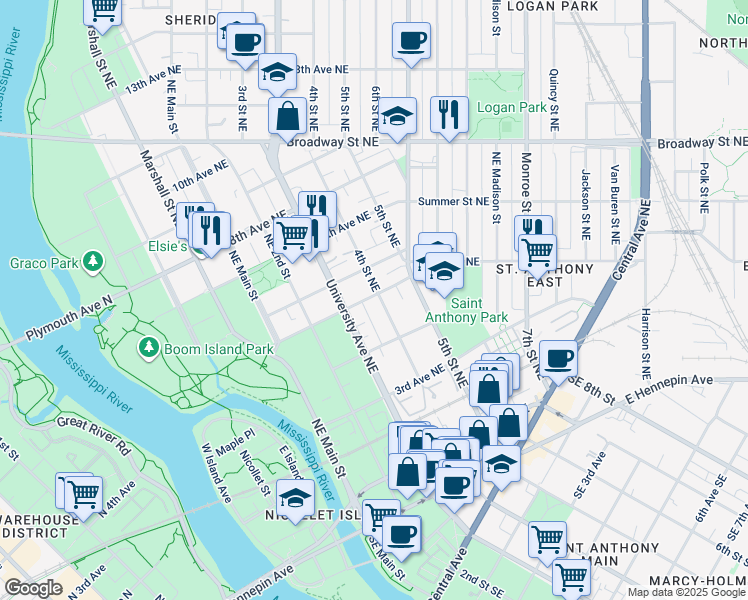 map of restaurants, bars, coffee shops, grocery stores, and more near 317 5th Avenue Northeast in Minneapolis