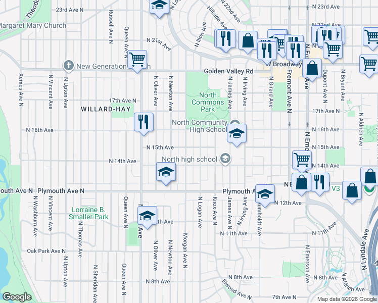 map of restaurants, bars, coffee shops, grocery stores, and more near 1427 North Morgan Avenue in Minneapolis