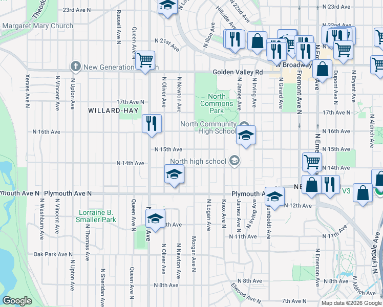 map of restaurants, bars, coffee shops, grocery stores, and more near 1427 North Morgan Avenue in Minneapolis