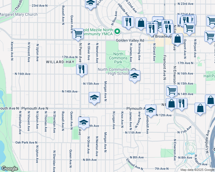 map of restaurants, bars, coffee shops, grocery stores, and more near 1427 North Morgan Avenue in Minneapolis