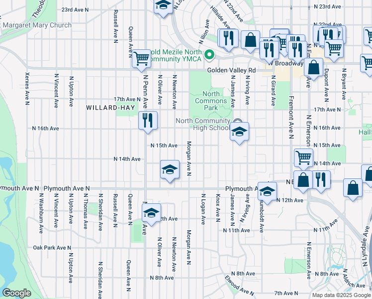 map of restaurants, bars, coffee shops, grocery stores, and more near 1427 North Morgan Avenue in Minneapolis