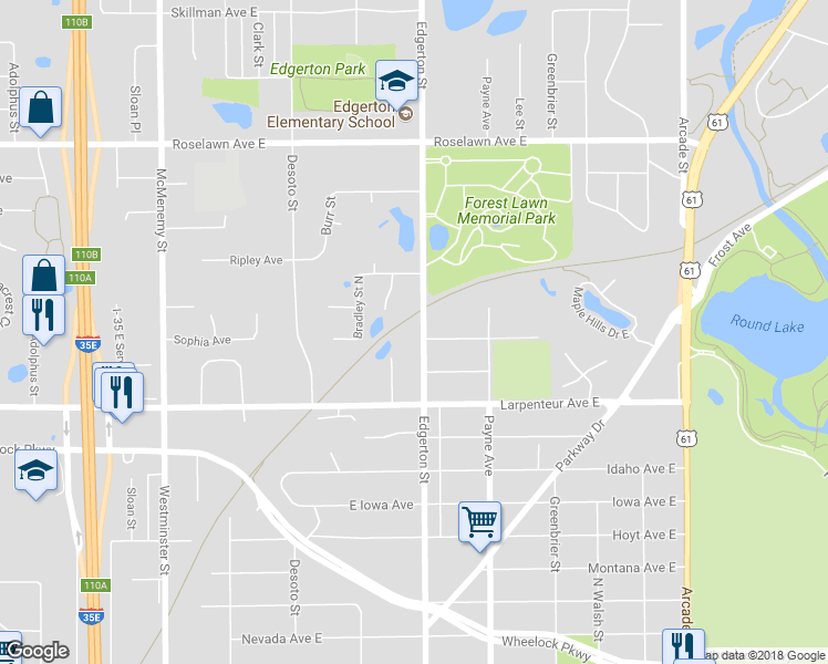 map of restaurants, bars, coffee shops, grocery stores, and more near 1745 Edgerton Street in Saint Paul