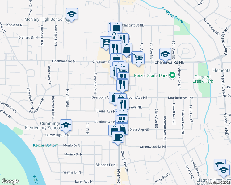 map of restaurants, bars, coffee shops, grocery stores, and more near 4833 River Road North in Keizer