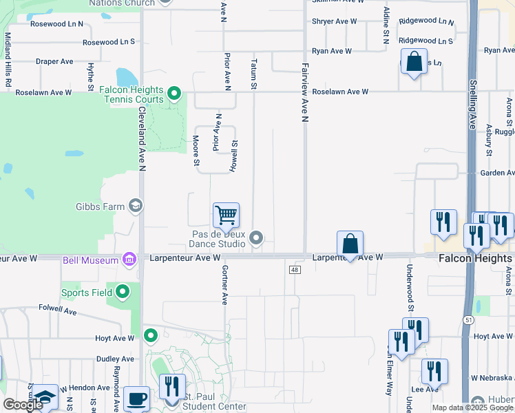 map of restaurants, bars, coffee shops, grocery stores, and more near 1754 Tatum Street in Falcon Heights