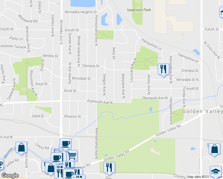 map of restaurants, bars, coffee shops, grocery stores, and more near 1401 Kelly Drive in Minneapolis