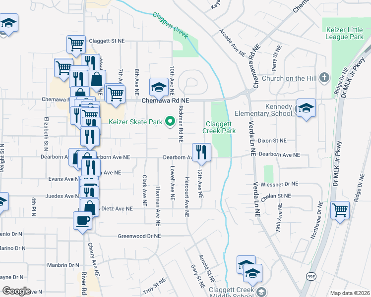 map of restaurants, bars, coffee shops, grocery stores, and more near 4838 Rickman Rd NE in Keizer