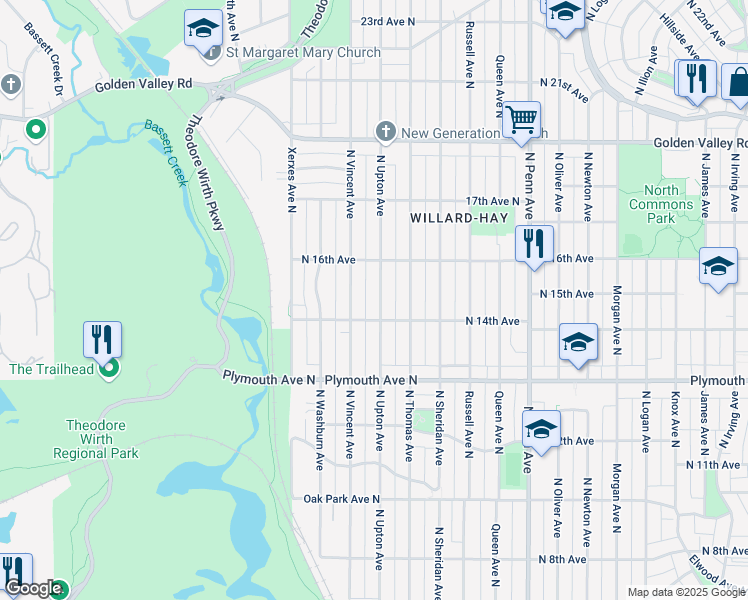 map of restaurants, bars, coffee shops, grocery stores, and more near 1419 North Upton Avenue in Minneapolis