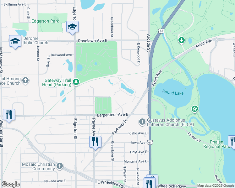 map of restaurants, bars, coffee shops, grocery stores, and more near 726 Maple Hills Drive East in Maplewood