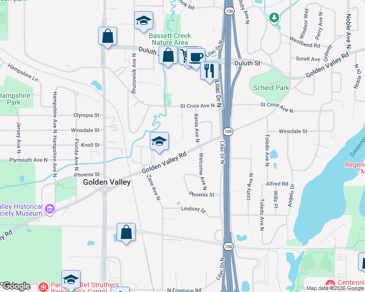 map of restaurants, bars, coffee shops, grocery stores, and more near 5800 Golden Valley Road in Minneapolis