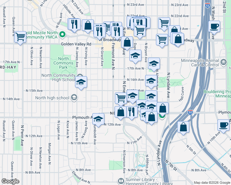 map of restaurants, bars, coffee shops, grocery stores, and more near 1424 North Fremont Avenue in Minneapolis