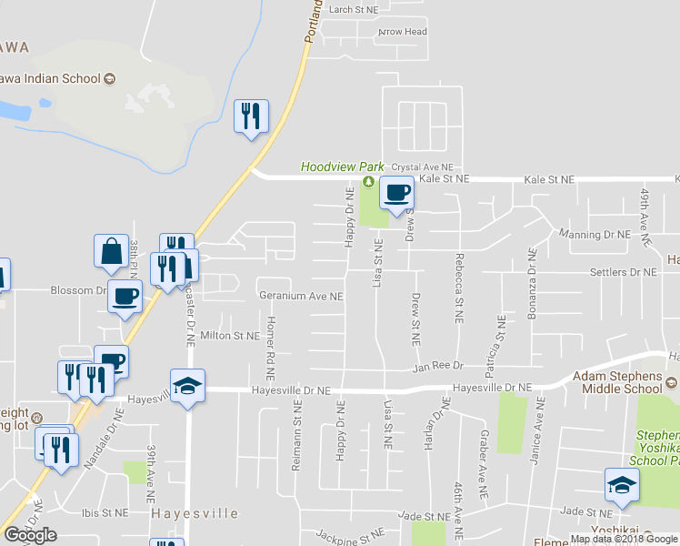 map of restaurants, bars, coffee shops, grocery stores, and more near 4281 Windflower Court Northeast in Salem