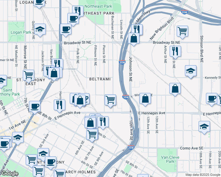 map of restaurants, bars, coffee shops, grocery stores, and more near 422 Buchanan Street Northeast in Minneapolis