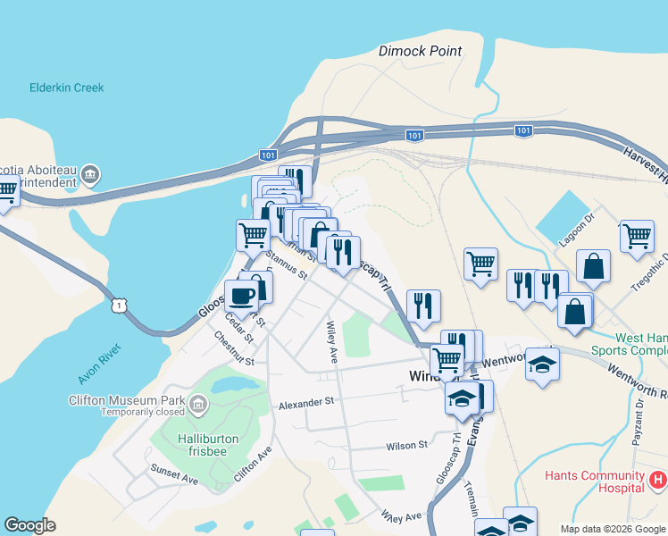 map of restaurants, bars, coffee shops, grocery stores, and more near 173 Gerrish Street in Windsor