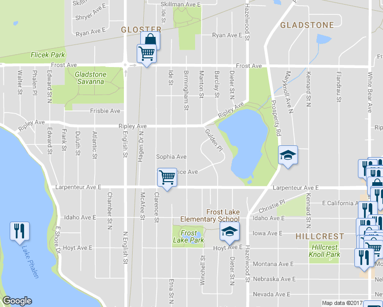 map of restaurants, bars, coffee shops, grocery stores, and more near 1746 Birmingham Street in Saint Paul