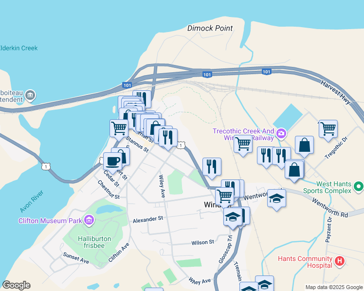 map of restaurants, bars, coffee shops, grocery stores, and more near 240 King Street in Windsor
