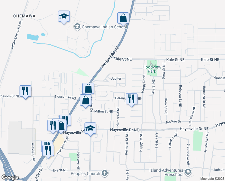 map of restaurants, bars, coffee shops, grocery stores, and more near 4127 Geranium Loop Northeast in Salem