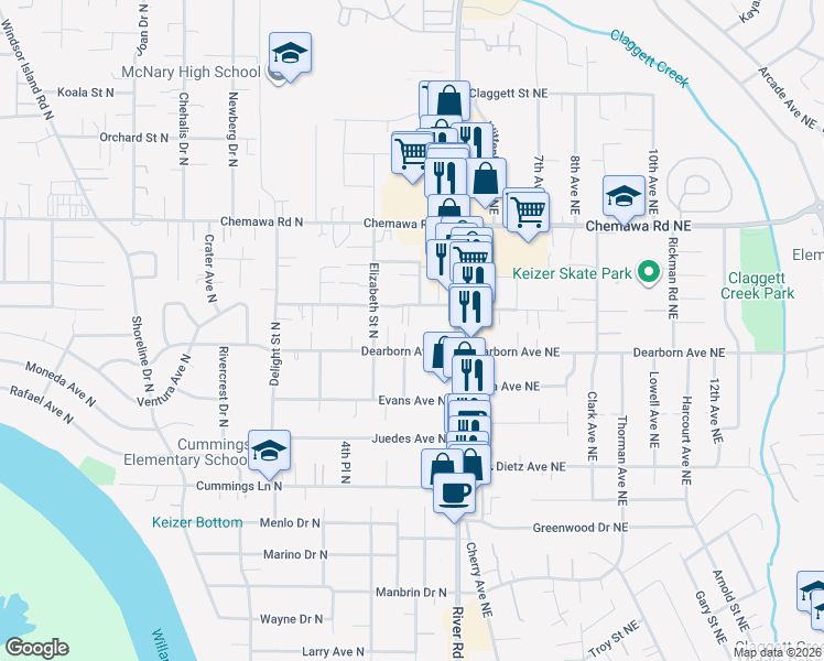 map of restaurants, bars, coffee shops, grocery stores, and more near 234 Churchdale Avenue North in Keizer