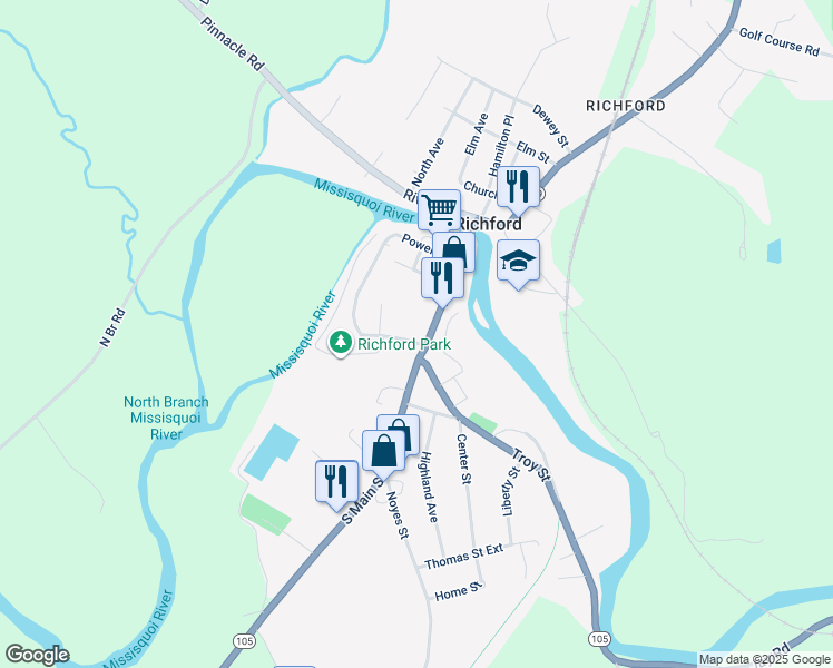 map of restaurants, bars, coffee shops, grocery stores, and more near 109 Main Street in Richford