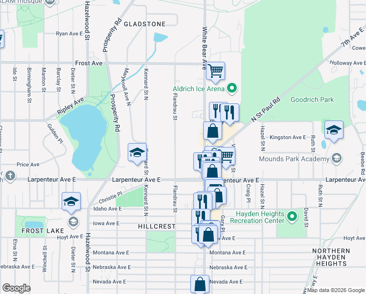 map of restaurants, bars, coffee shops, grocery stores, and more near 1748 Flandrau Street in Saint Paul