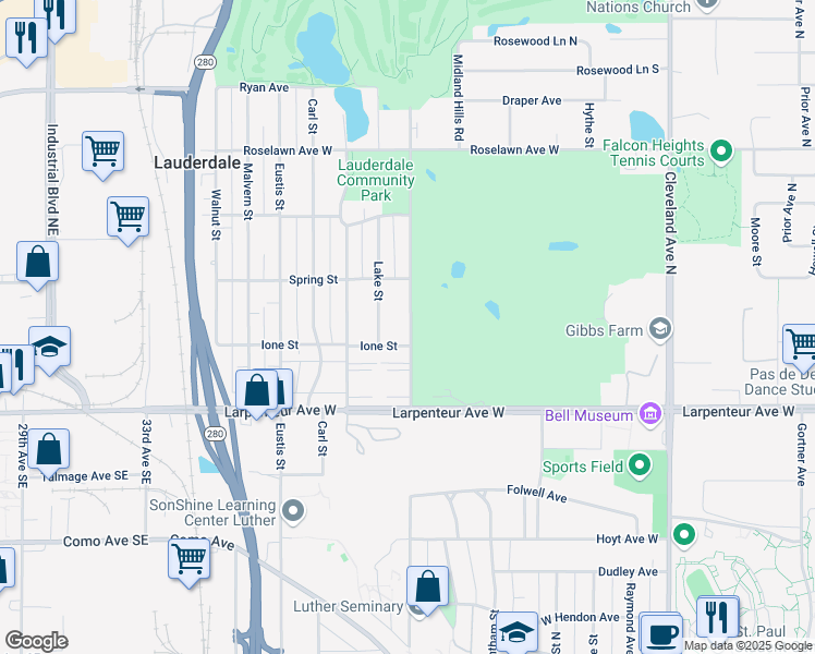 map of restaurants, bars, coffee shops, grocery stores, and more near 1760 Lake Street in Lauderdale