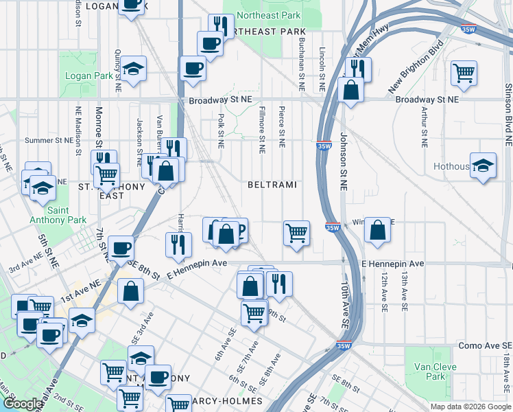 map of restaurants, bars, coffee shops, grocery stores, and more near 423 Northeast Taylor Street in Minneapolis
