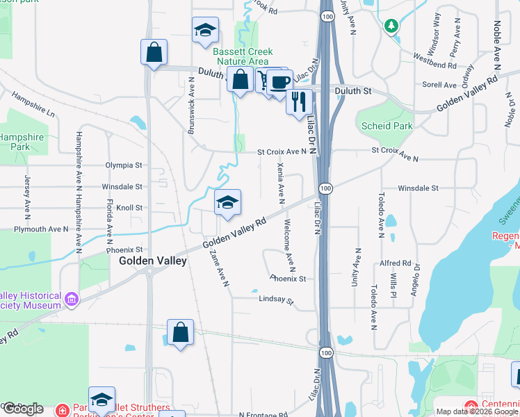 map of restaurants, bars, coffee shops, grocery stores, and more near 5800 Golden Valley Road in Minneapolis