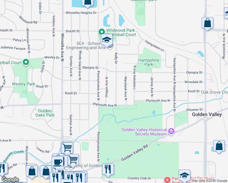 map of restaurants, bars, coffee shops, grocery stores, and more near 1401 Kelly Drive in Minneapolis