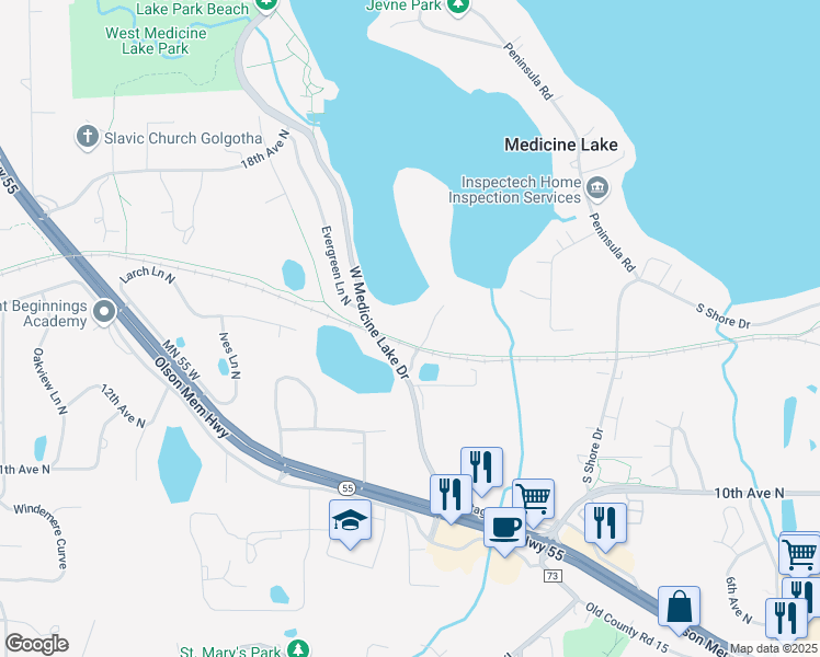 map of restaurants, bars, coffee shops, grocery stores, and more near 1300 West Medicine Lake Drive in Plymouth