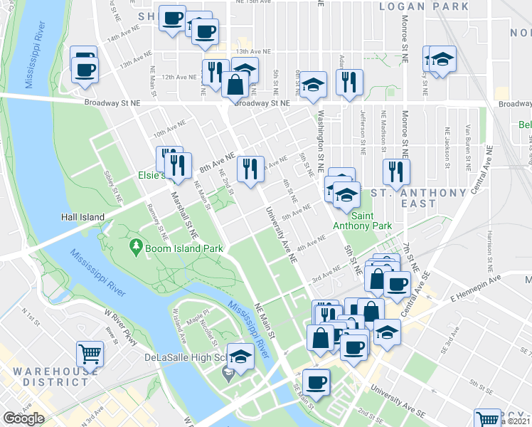 map of restaurants, bars, coffee shops, grocery stores, and more near 514 University Avenue Northeast in Minneapolis