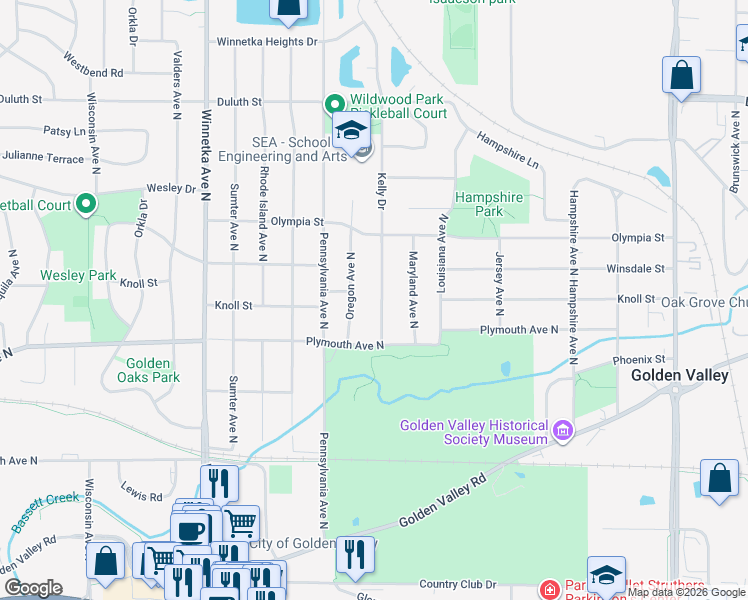 map of restaurants, bars, coffee shops, grocery stores, and more near 1401 Kelly Drive in Minneapolis