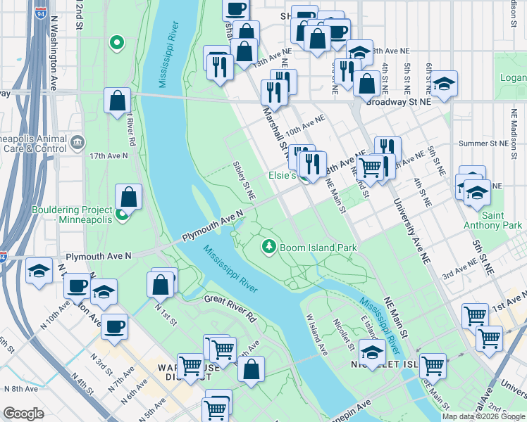 map of restaurants, bars, coffee shops, grocery stores, and more near 44 8th Avenue Northeast in Minneapolis