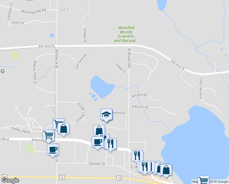 map of restaurants, bars, coffee shops, grocery stores, and more near 849 North Brown Road in Long Lake