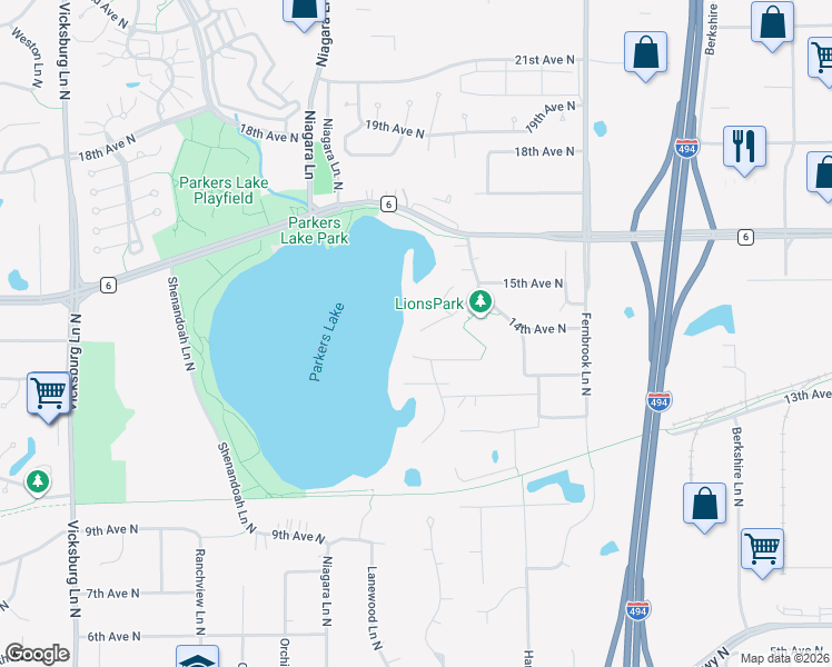 map of restaurants, bars, coffee shops, grocery stores, and more near 1345 Juneau Lane North in Plymouth