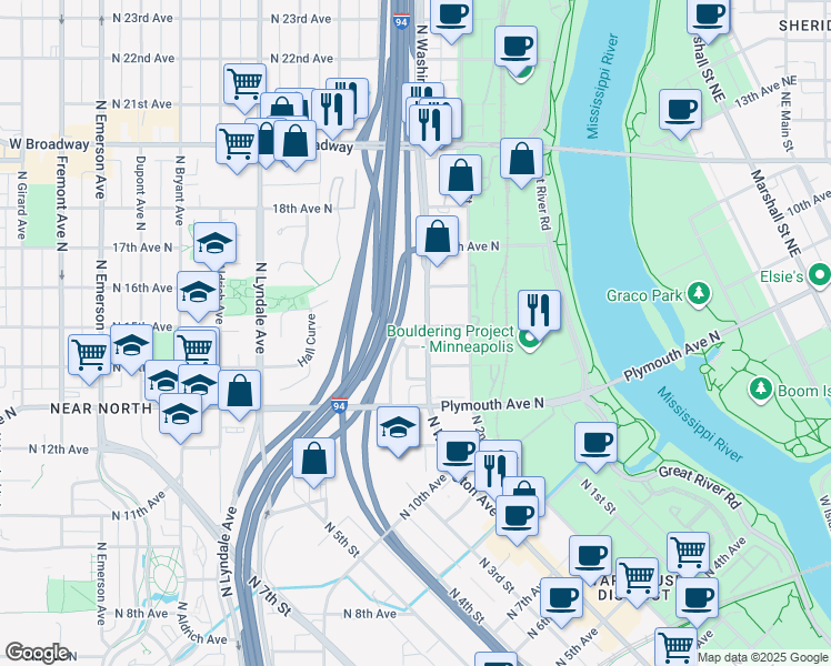map of restaurants, bars, coffee shops, grocery stores, and more near 1429 North Washington Avenue in Minneapolis