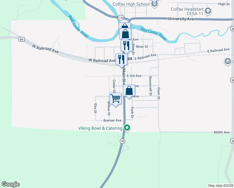 map of restaurants, bars, coffee shops, grocery stores, and more near 202 Cedar Street in Colfax