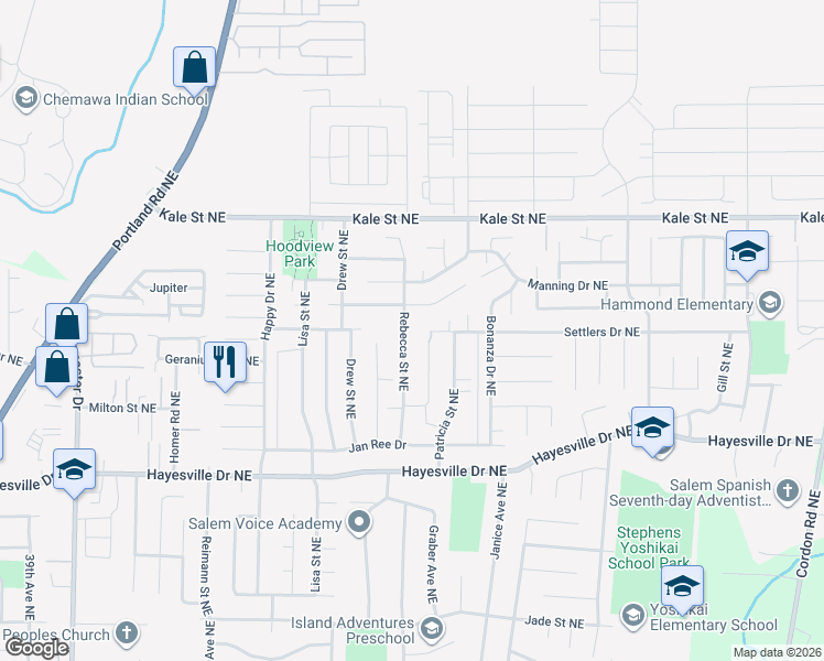 map of restaurants, bars, coffee shops, grocery stores, and more near 4810 Rebecca Street Northeast in Salem