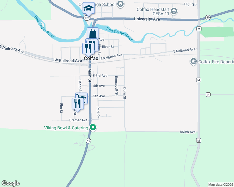 map of restaurants, bars, coffee shops, grocery stores, and more near 607 5th Avenue in Colfax