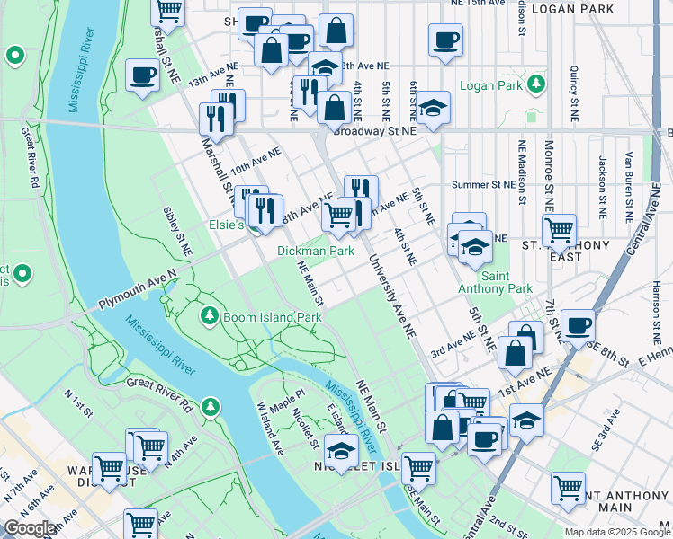 map of restaurants, bars, coffee shops, grocery stores, and more near 604 Northeast 2nd Street in Minneapolis